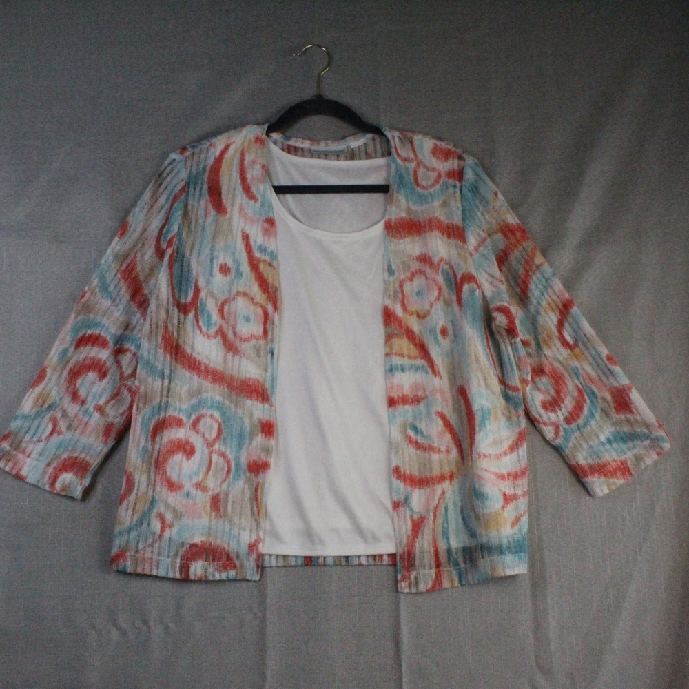 Alfred Dunner Petite 2pc Set Cardigan Tank Size P Abstract Boho Coastal Grandma